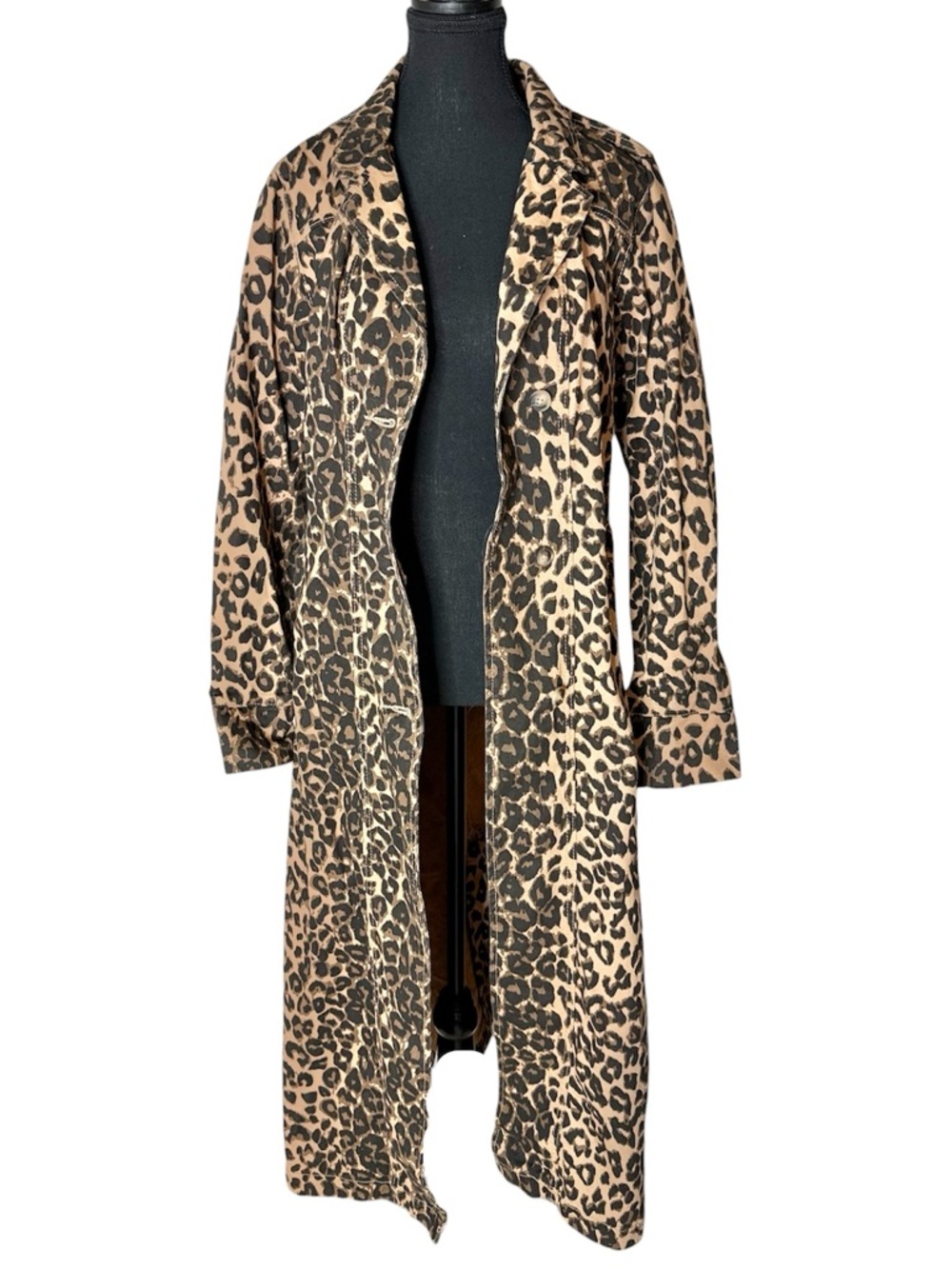 FASHION NOVA New Leopard Print Denim Trench Coat Pockets Buttons Size Medium - Picture 2 of 13